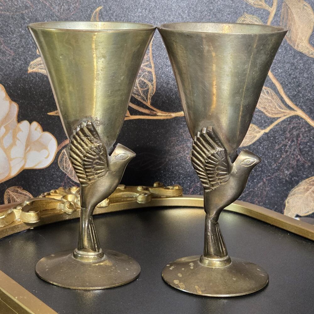 2 Vintage Godinger Silver Plate Phoenix Bird Champagne Flute Goblet Cup Glasses